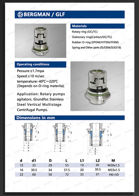 BERGMAN Replace Grundfos GLF-16mm CR CRN CRI Pump Mechanical Seal HQQV HQQE  96511845 96511844 96511848